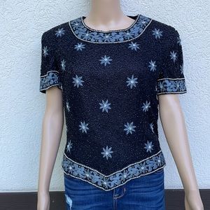 Cote d Azur top Evening SILK Top Blouse Beaded Vintage